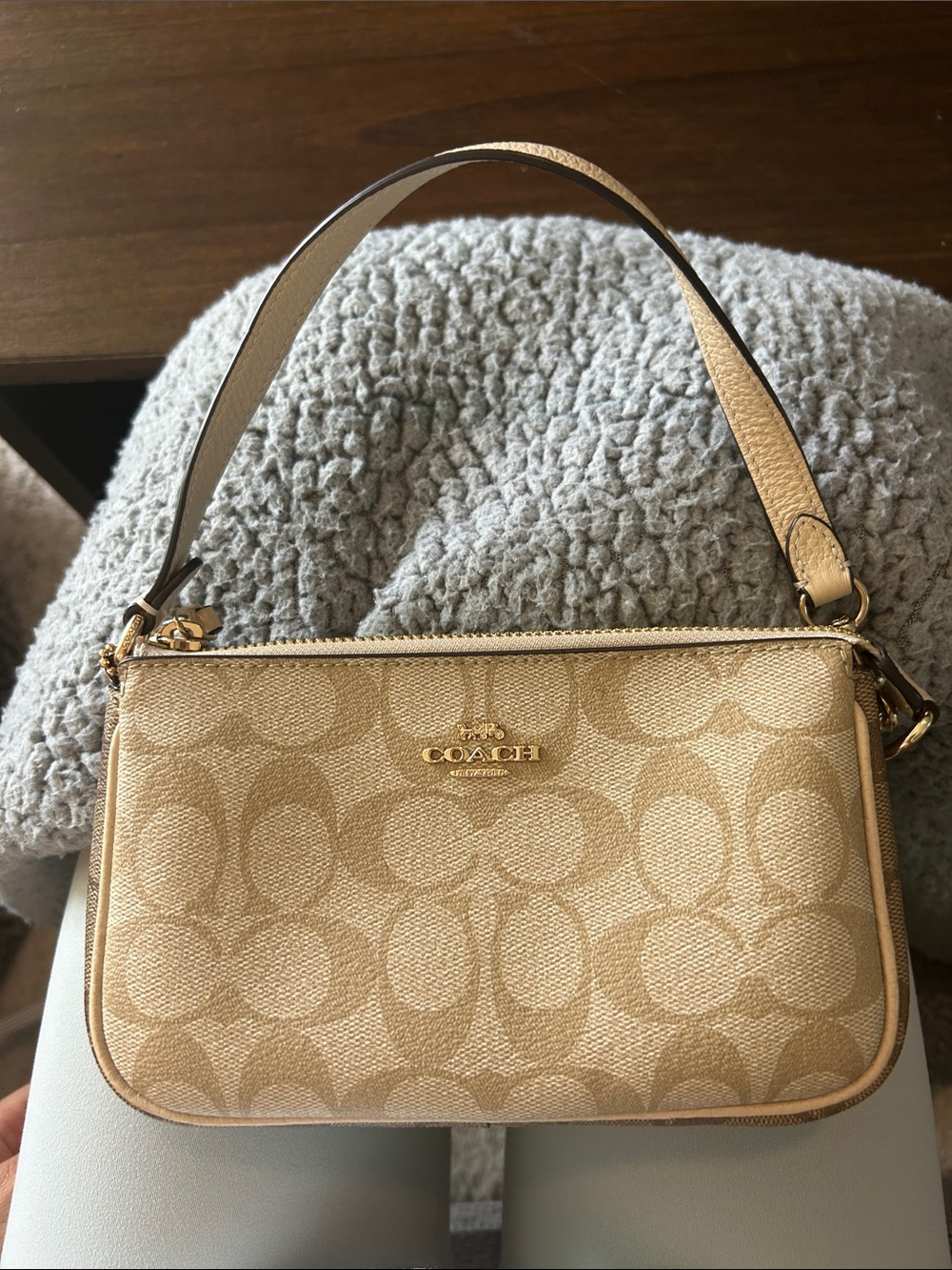 Coach Beige Signature Mini Shoulder Bag with Gold Hardware